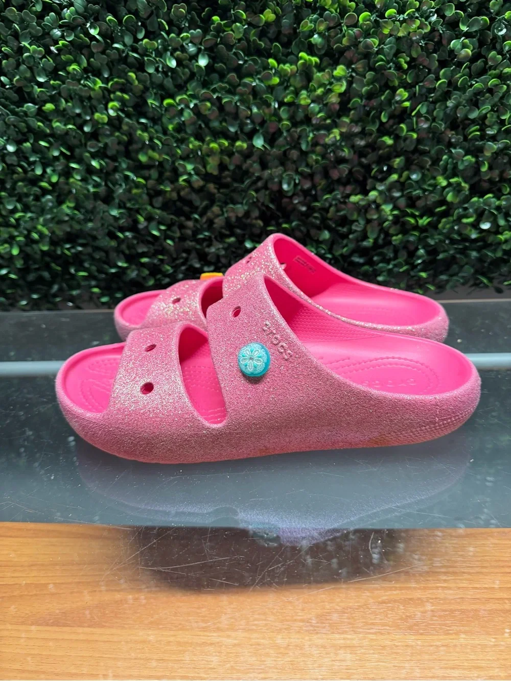 CROCS Kids Glitter Pink Slide Sandals with Sun Charm